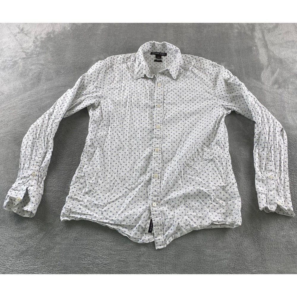 Michael Kors Mens Slim Fit Button Down Shirt White Blue Geometric Dash Large